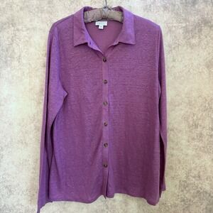 J JILL Love Linen Top Womens size M Purple Collar Button Down Long Sleeve Blouse